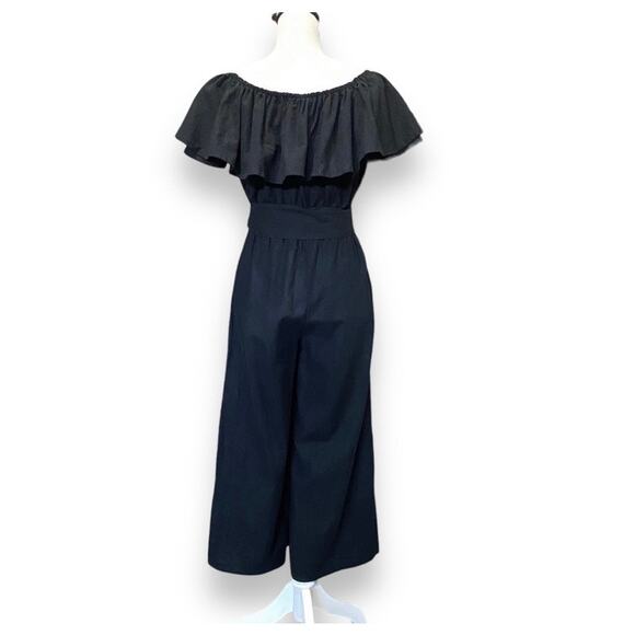 Faithfull The Brand Wide Leg Jumpsuit Sz US 4 Black Linen Ankle On Off Shoulder - Picture 10 of 15
